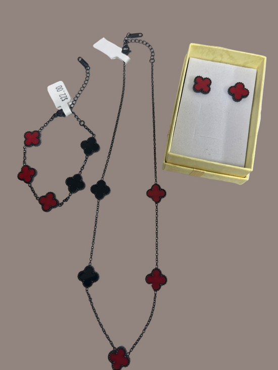 Jewelry - Women's Red Clover Necklace, Bracelet and Stud Earrings Set in red & black